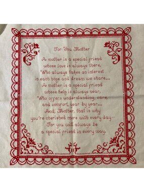 Vintage Mothers Day Cross Stitch Embroidery Red And White Sentimental Poem